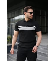 Erkek Örgü Desenli Renkli Kısa Kollu Triko Tişört (Siyah)