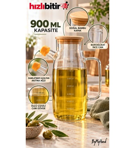 ByMyHand Ahşap Vakumlu Kapaklı Borosiklat Cam Yağdanlık Sirke Sos ve Yağlık 900 Ml