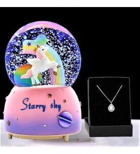 Yıldızlı Unicorn  şıklı Müzikli  Kar Küresi Ve Damla Kolye