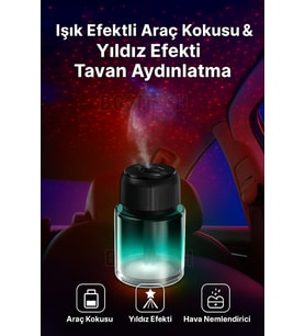 Işık Efektli Araç Kokusu Yıldızlı Tavan Aydınlatma, Hava Nemlendirici ve Aromaterapi (Siyah)