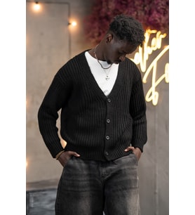 Oversize Crop Model V Yaka Düğme Kapamalı Örgü Hırka