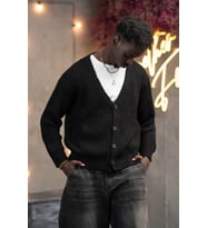 Oversize Crop Model V Yaka Düğme Kapamalı Örgü Hırka