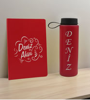 BK Gift Kişiye Özel İsimli Kırmızı Defter ve Cam Matara Hediye Seti-4, Sevgiliye Hediye, Arkadaşa Hediye, Yeni İş Hediyesi