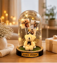 Kişiye Özel 3 Fotoğraflı LED Işıklı Peluş Ayıcıklı Fanus - Sevgiliye Arkadaşa Fotoğraflı ve Yazılı Anlamlı Hediye