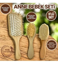 Anne Bebek 3'lü Saç Bakım Seti Bambu Uçlu Kayın Tarak ve %100 Doğal Keçi Kılı Bebek Saç Fırçası (Standart)