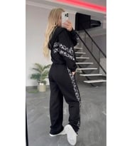 Kadın Uzun Kollu Kapşonlu önü Fermuarlı Leopar Desenli Modal Bluz Ve Pantolon Ikili Takım (Siyah)
