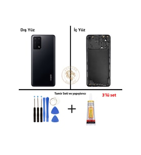Oppo A74 Siyah Uyumlu Lensli Arka Kapak + Yapıştırıcı ve Vida Seti Arka Cam Batarya Pil Kapağı
