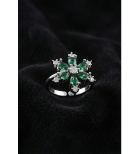 925 Ayar Zümrüt Taşlı Rodyum Lotus Çiçeği Ayarlanabilir Gümüş Yüzük