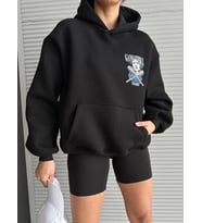 3 iplik şardonlu oversize kafa baskılı sweat siyah