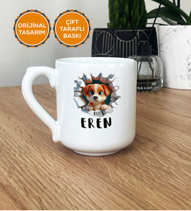 3D Yavru Köpek Hediye Kupa Bardak Oval İsimli İsim Yazılı (Beyaz)