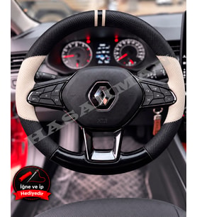 Renault Arkana Dikme Direksiyon Kılıfı Delikli Deri Parlak Siyah Bej Detay Çift Yüzük ve Dikiş 2021-2024
