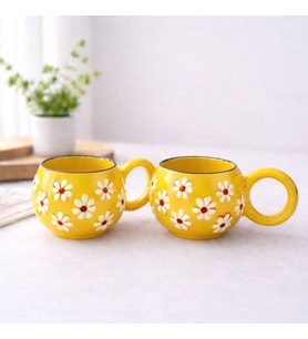 Hediyezin El Yapımı 2lı Kupa Çiçek Desenli Kupa Bardak (Sarı)