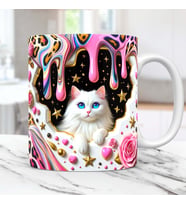3D Efektli Glam Beyaz Kedi Desenli Gül Kalp Yıldız Hediyelik Porselen Kupa Bardak
