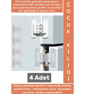 Kendinden Yapışkanlı Montaj Gerektirmez Estetik Buzdolabı Çekmece Dolap Kapağı Çocuk Kilidi 4 Adet