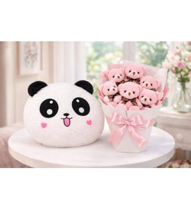 Romantik Hediye Seti Panda Peluş Yastık ve Ayıcık Buketi