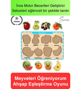 Premium Meyveler Ahşap Bul Tak Puzzle Eğitici Oyuncak Tutmalı Elma Armut Motor Becerisi Gelişim