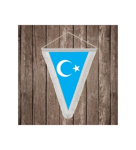 Doğu Türkistan Beyaz Saçaklı Üçgen Flama Bayrak Hatıra Flama