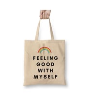 Feeling Good With Myself Kendimle Barışık Olmak Bez Çanta Uzun Saplı Alışveriş Çantası Plaj Çantası (Beyaz)
