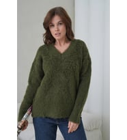 Kadın V Yaka Sakal Dokulu Şardonlu Oversize Triko Kazak 8695 (Haki)