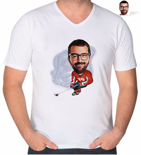 BK Gift Kişiye Özel Hokeyci Karikatürlü V Yaka Tişört-1 (Beyaz)