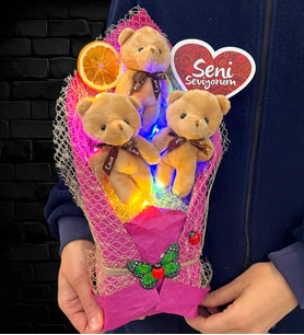 Seni Seviyorum Renkli Led Işıklı Premium Peluş Fuşya Ayıcık Buketi