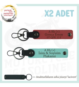 Motorcuya, İsim Plaka ve A Rh (+) Kan Grubu Yazılı Hediyelik x2 Anahtarlık, Nar Çiçeği-Turkuaz-Laci (Çok Renkli)