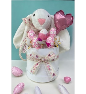SOLE Premium Paskalya Temalı 45 cm Beyaz Bunny Tavşan Hediye Kutusu - Dekoratif Yumurta ve Kalp Balon Detaylı
