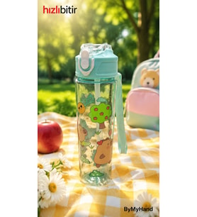 ByMyHand Yeşil Taşıma Kulplu Kilit Kapaklı Pipetli Suluk Okul Matarası 1000 Ml