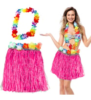 Hawaii Pembe Püsküllü 40 cm Etek ve Kolye Seti