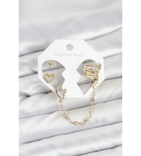 Pirinç Gold Renk Kalp Model Zincir Bağlantılı Ear Cuff Küpe Seti - TJ-BKP11541 TG-V 12501