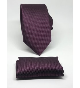 Mürdüm Renk Mendilli  Slim Fit Oxford Kuş Gözü Desen Kravat