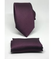 Mürdüm Renk Mendilli  Slim Fit Oxford Kuş Gözü Desen Kravat