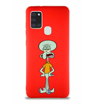 Samsung Galaxy A21S Soft Premier Kapak Squidward Dokunaç Tasarımlı Silikon Kılıf - Kırmızı (Şeffaf)