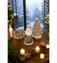 El Boyaması Rustik Noel Baba, Çam Ağacı ve Şekerlik Dekoratif Yılbaşı Hediyelik Set (Kahverengi)