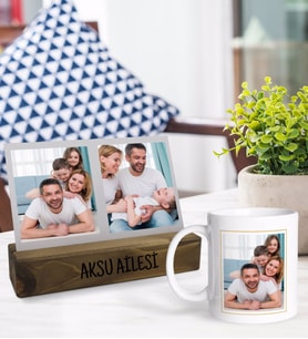 BK Gift Kişiye Özel Fotoğraflı Mesajlı Dekoratif Ahşap Stand ve Kupa Hediye Seti