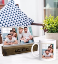BK Gift Kişiye Özel Fotoğraflı Mesajlı Dekoratif Ahşap Stand ve Kupa Hediye Seti