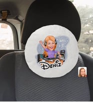 BK Gift Kişiye Özel İsimli Kadın Radyocu Karikatürlü Yuvarlak Araç Koltuk Yastığı-1