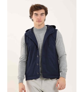 Lacivert Erkek Slim Fit Düz Casual Kapüşonlu Yelek Mont