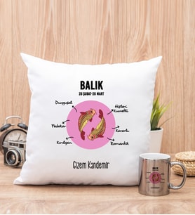 Kişiye Özel Balık Burcuna Hediye Kare Yastık ve Silver Kupa