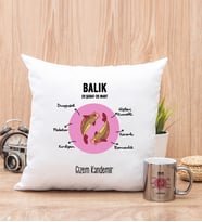 Kişiye Özel Balık Burcuna Hediye Kare Yastık ve Silver Kupa
