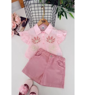 Miniğimin Cicileri Premium Papatya Nakışlı Şortlu Kız Çocuk Takım - Pembe
