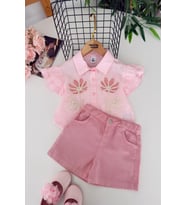 Miniğimin Cicileri Premium Papatya Nakışlı Şortlu Kız Çocuk Takım - Pembe
