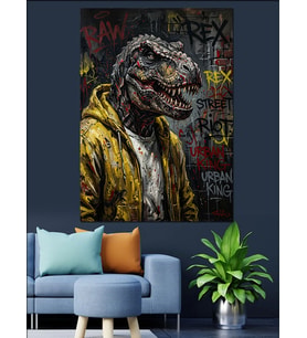 Grafitili Sarı Ceketli T-Rex Dekoratif Kanvas - Mdf Ahşap Tablo