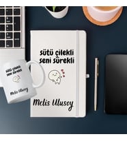 Kişiye Özel Sütü Çilekli Seni Sürekli Tasarımlı Bardak ve Deri Defter Hediye Seti