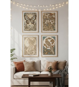 Art Nouveau Doğa 4’lü Ahşap Çerçeveli Tablo Seti - Klasik Salon Dekoru