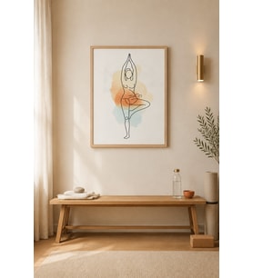 Yoga Ağaç Duruşu Tek Çizgi Kadın Ahşap Çerçeveli Duvar Tablosu