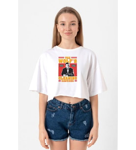 Pulp Fiction The Wolf's Cleaning Services Beyaz Kadın Crop Tshirt