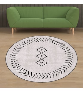 Siyah Geometrik Çizgiler Desenli Bohem Dijital Baskı Yıkanabilir Kaymaz Taban Yuvarlak Salon Halısı