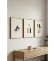 Zen Sadelik 3’lü Ahşap Çerçeveli Tablo Seti - Japandi Minimal Duvar Dekoru