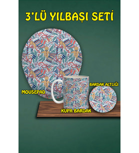 Yılbaşı Temalı 3'lü Bilek Destekli Mousepad Kupa ve Bardak Altlığı Seti